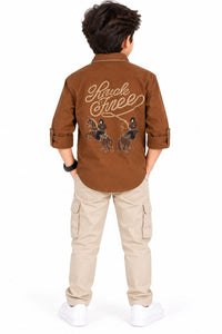 Boys' Tobacco Brown Embroidered Horse Graphic Casual Shirt.