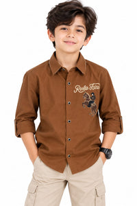 Boys' Tobacco Brown Embroidered Horse Graphic Casual Shirt.