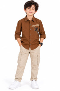 Boys' Tobacco Brown Embroidered Horse Graphic Casual Shirt.