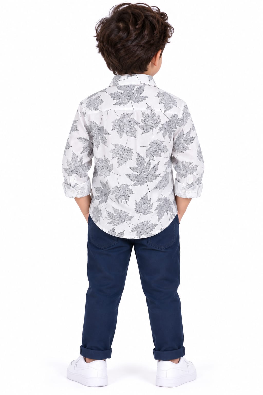 Boys' White & Grey Maple Leaf Printed Casual Shirt.