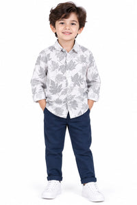Boys' White & Grey Maple Leaf Printed Casual Shirt.