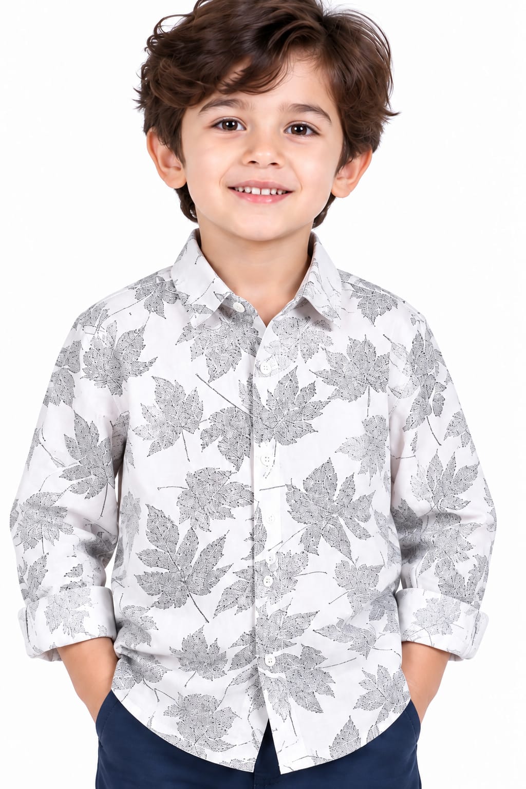 Boys' White & Grey Maple Leaf Printed Casual Shirt.