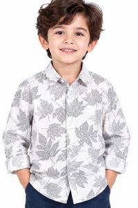 Boys' White & Grey Maple Leaf Printed Casual Shirt.