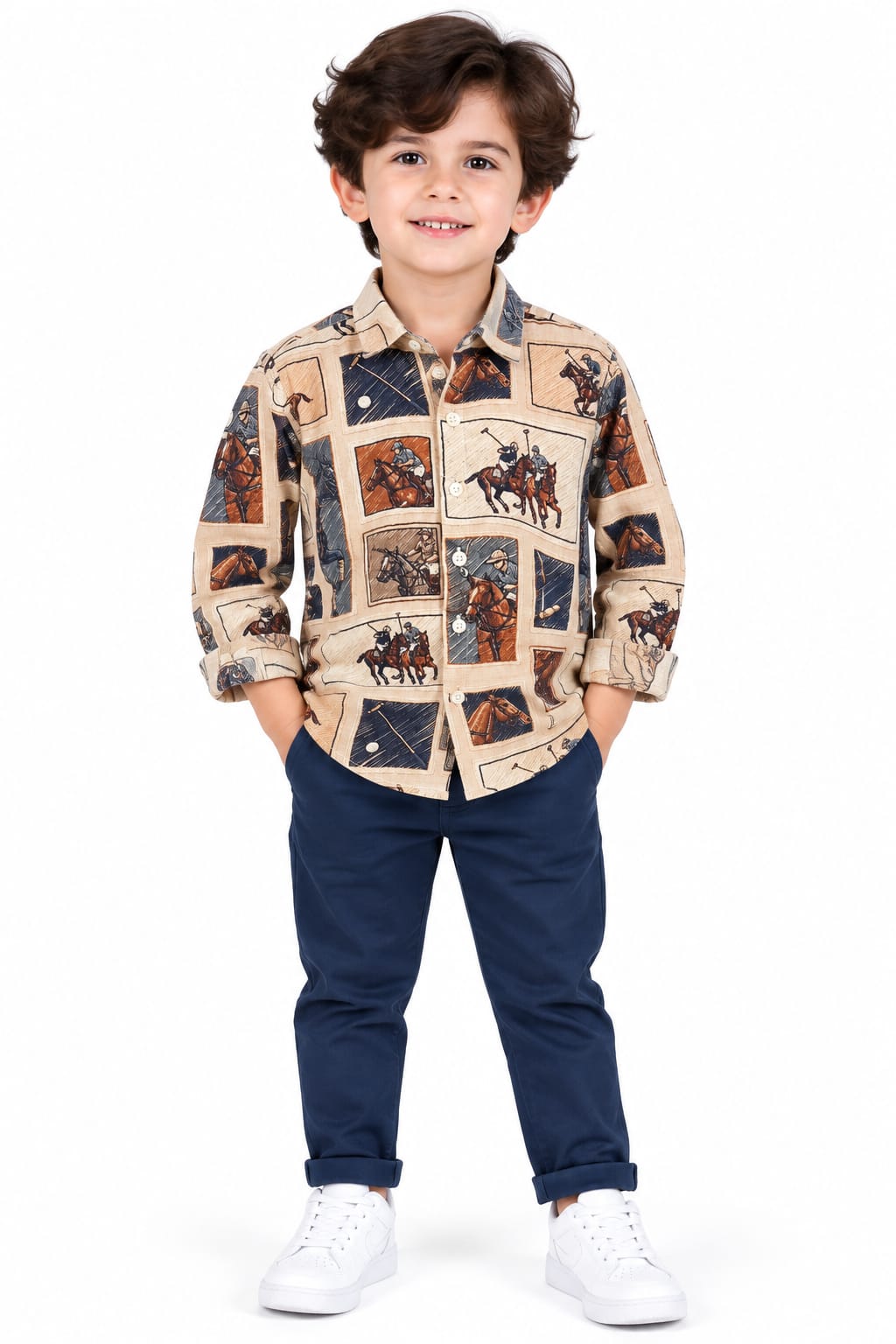 Boys' Beige Equestrian Polo Match Printed Casual Shirt.