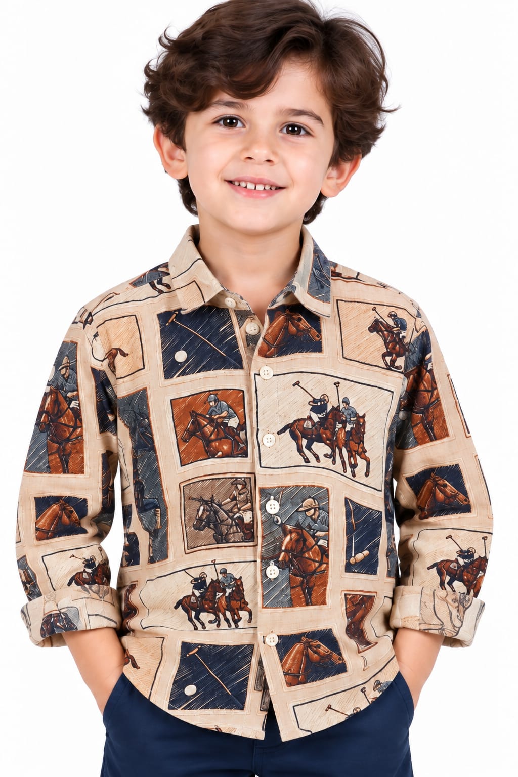 Boys' Beige Equestrian Polo Match Printed Casual Shirt.
