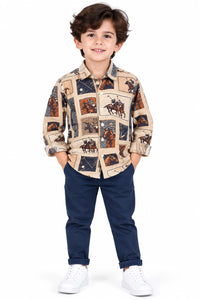 Boys' Beige Equestrian Polo Match Printed Casual Shirt.