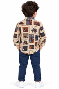 Boys' Beige Equestrian Polo Match Printed Casual Shirt.