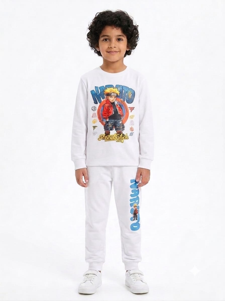 Boys' White Anime Naruto Graphic Sweatshirt & Joggers Set.