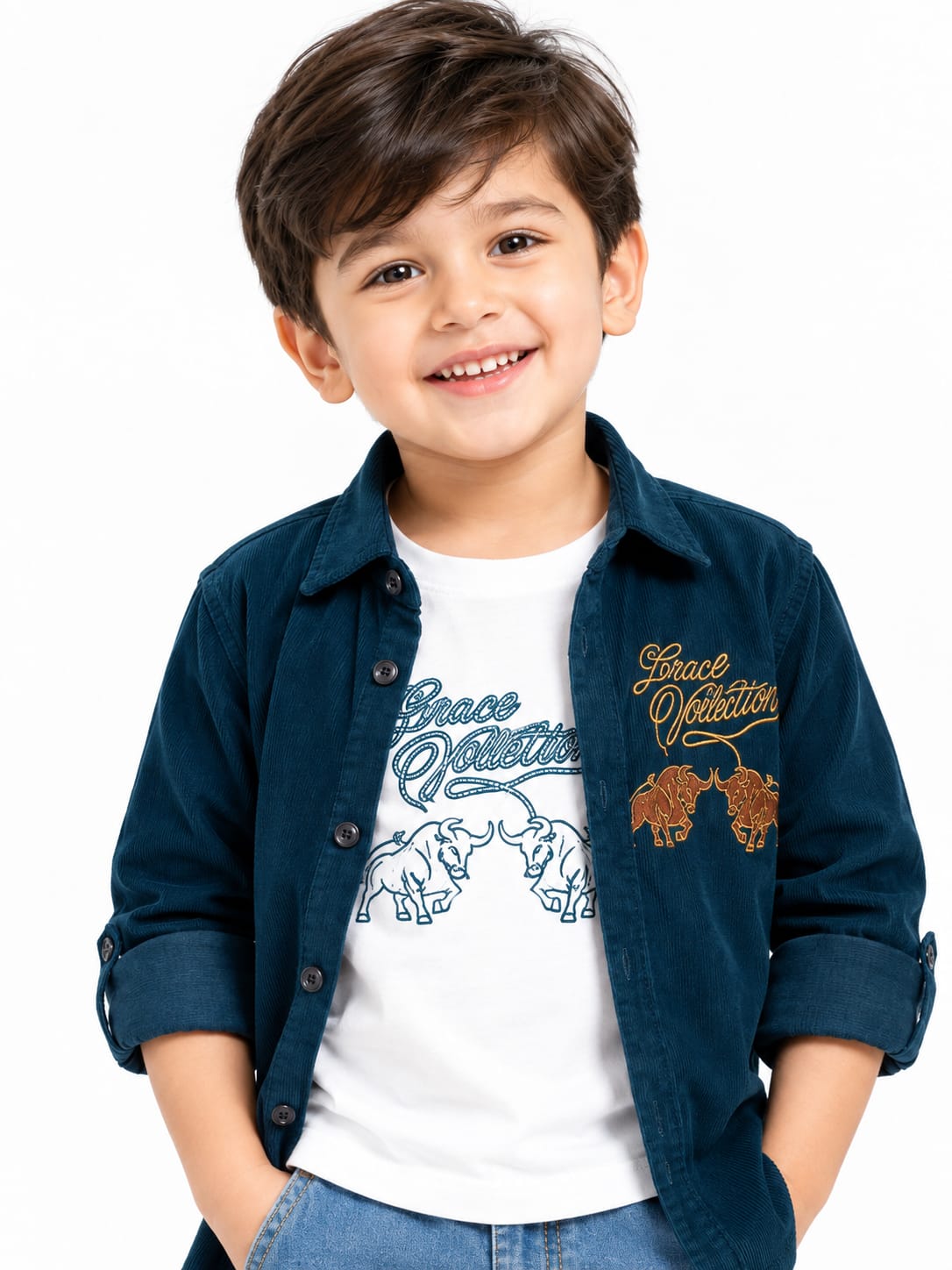 Boys' Teal Blue Corduroy Western Graphic Overshirt.