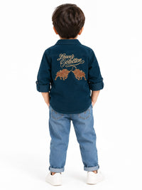 Boys' Teal Blue Corduroy Western Graphic Overshirt.
