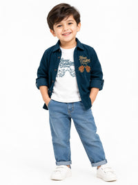 Boys' Teal Blue Corduroy Western Graphic Overshirt.