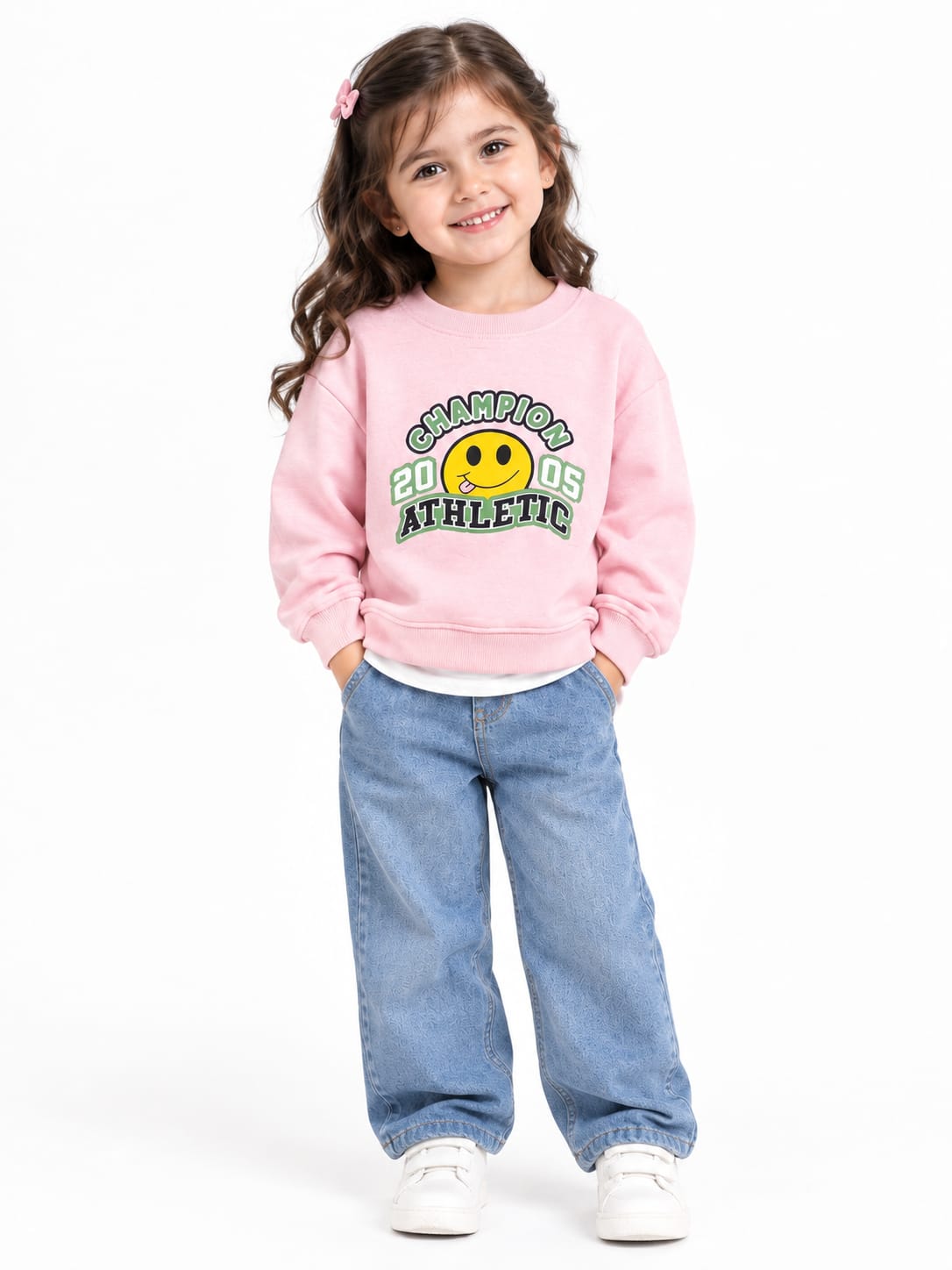 Girls' Light Pink "Champion Athletic" Smiley Graphic Sweatshirt.