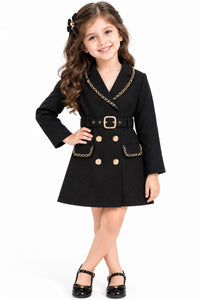 Girls' Black Gold-Chain Accented Double-Breasted Trench Coat Dress.