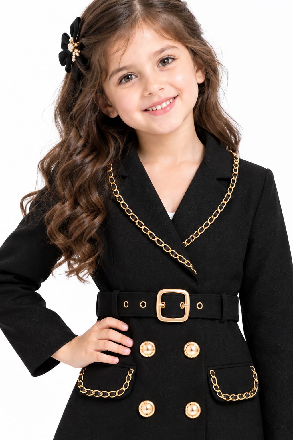 Girls' Black Gold-Chain Accented Double-Breasted Trench Coat Dress.