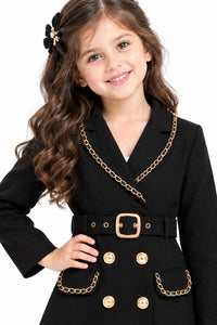 Girls' Black Gold-Chain Accented Double-Breasted Trench Coat Dress.