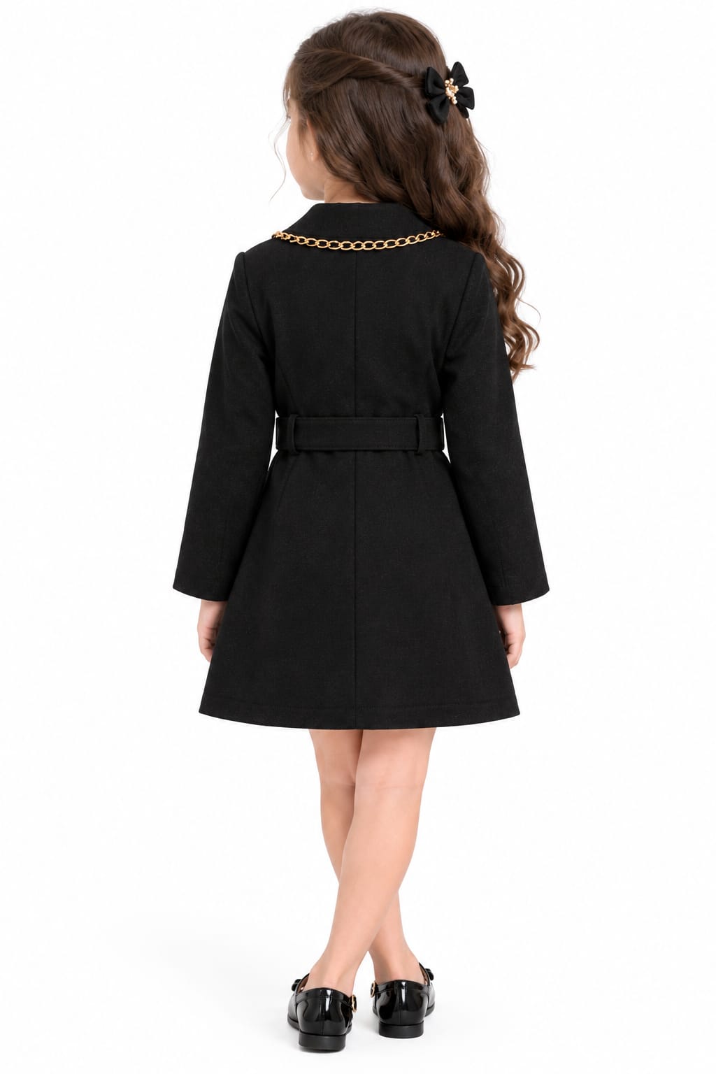 Girls' Black Gold-Chain Accented Double-Breasted Trench Coat Dress.