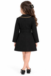 Girls' Black Gold-Chain Accented Double-Breasted Trench Coat Dress.