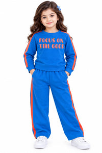 Girls' Royal Blue "Focus on the Good" Pre-Winter Tracksuit Co-ord Set.