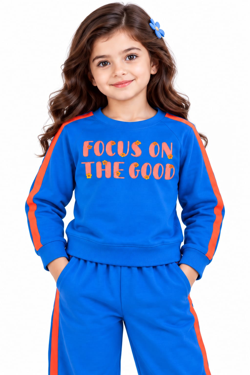 Girls' Royal Blue "Focus on the Good" Pre-Winter Tracksuit Co-ord Set.