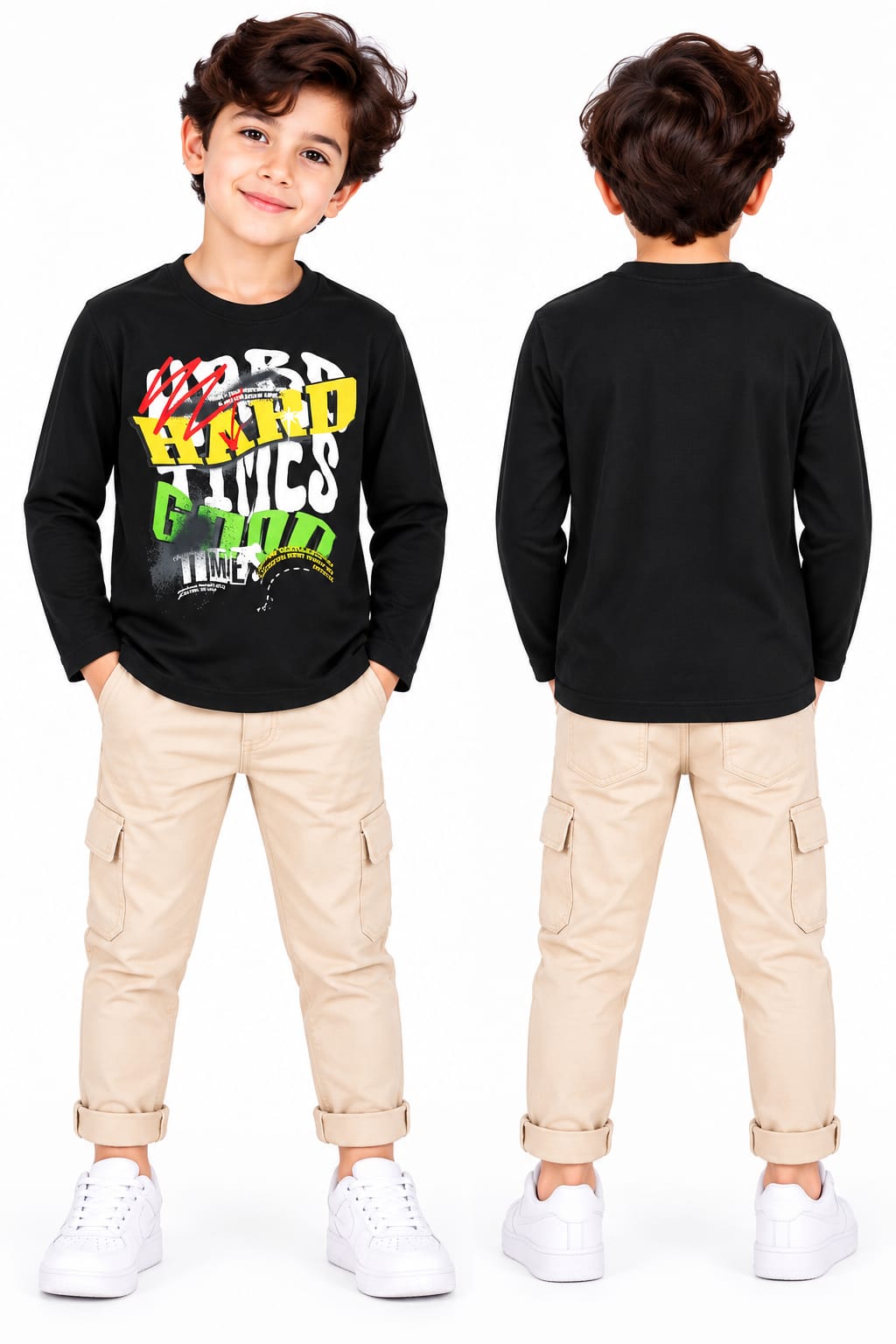 Boys' Black "Hard Times Good Times" Graphic Full-Sleeve T-Shirt