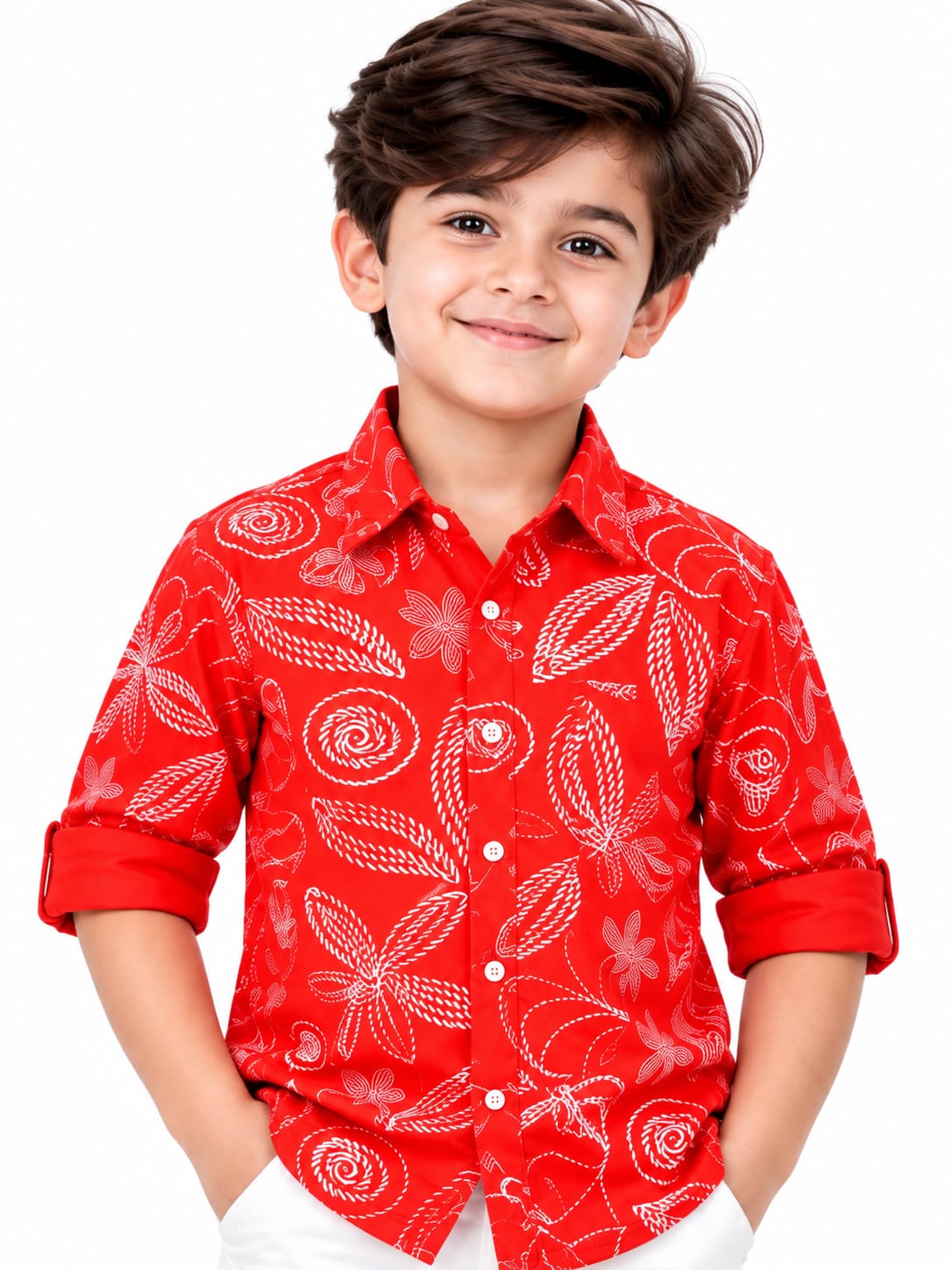 Boys' Bright Red Kantha-Style Printed Casual Shirt.