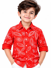 Boys' Bright Red Kantha-Style Printed Casual Shirt.