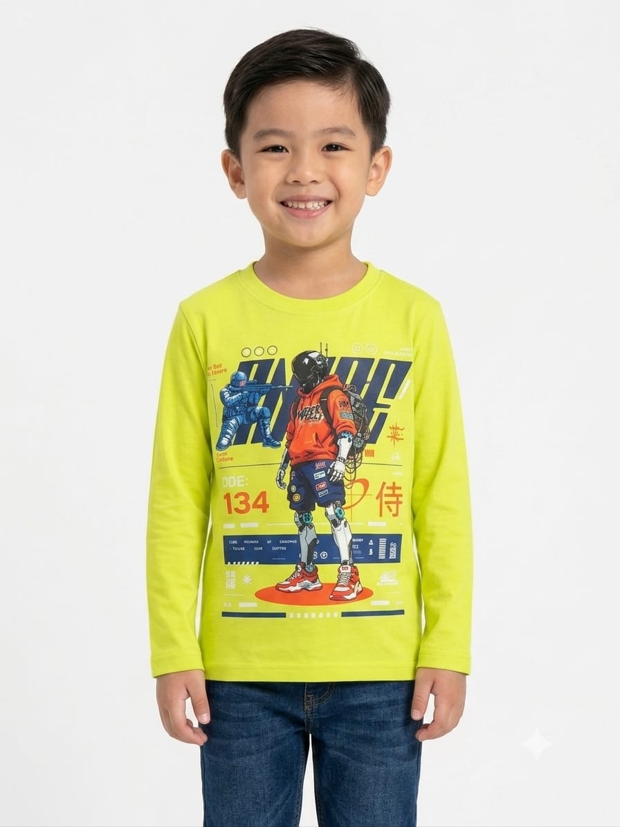 Boys' Lime Green Futuristic Graphic Full-Sleeve T-Shirt.