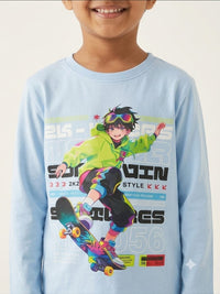 Boys' Sky Blue Skater Graphic Full-Sleeve T-Shirt.