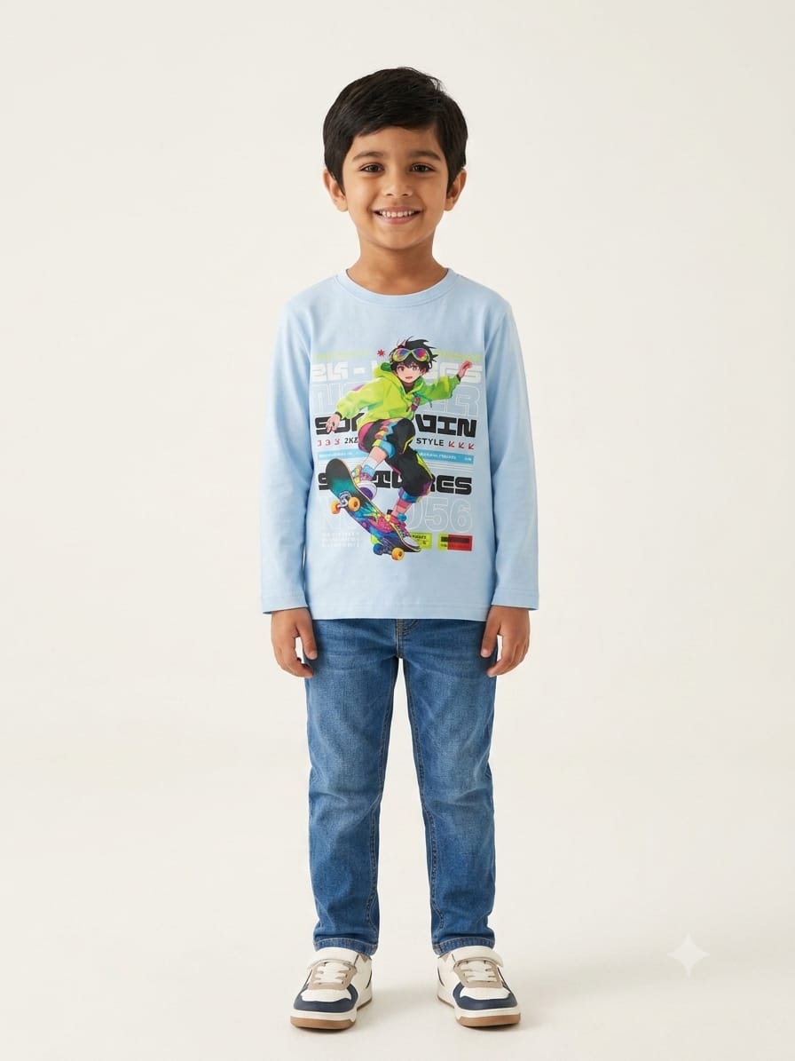 Boys' Sky Blue Skater Graphic Full-Sleeve T-Shirt.