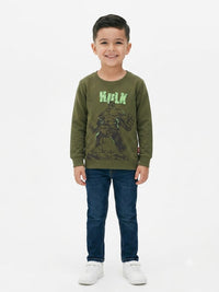Boys' Olive Green Hulk Printed Pre-Winter Sweatshirt