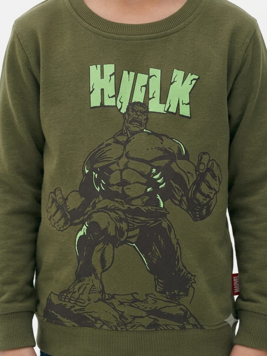 Boys' Olive Green Hulk Printed Pre-Winter Sweatshirt