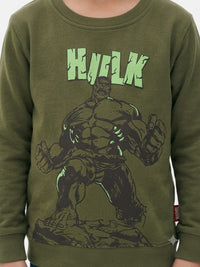 Boys' Olive Green Hulk Printed Pre-Winter Sweatshirt