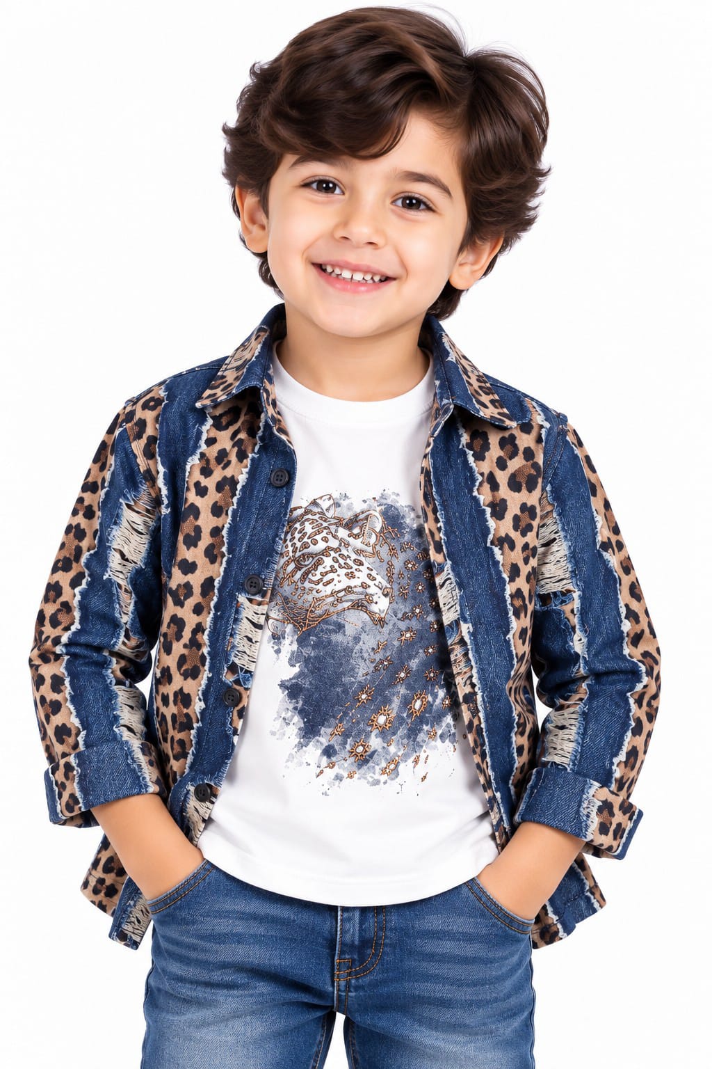 Boys' Denim & Leopard Print Distressed Shirt with White T-Shirt Set.