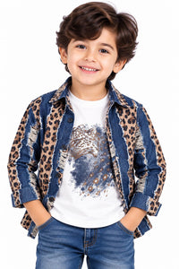 Boys' Denim & Leopard Print Distressed Shirt with White T-Shirt Set.