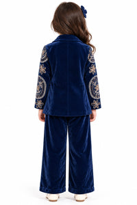 Girls' Navy Blue Velvet Printed 3-Piece Indo-Western Blazer & Palazzo Set.