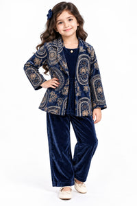 Girls' Navy Blue Velvet Printed 3-Piece Indo-Western Blazer & Palazzo Set.