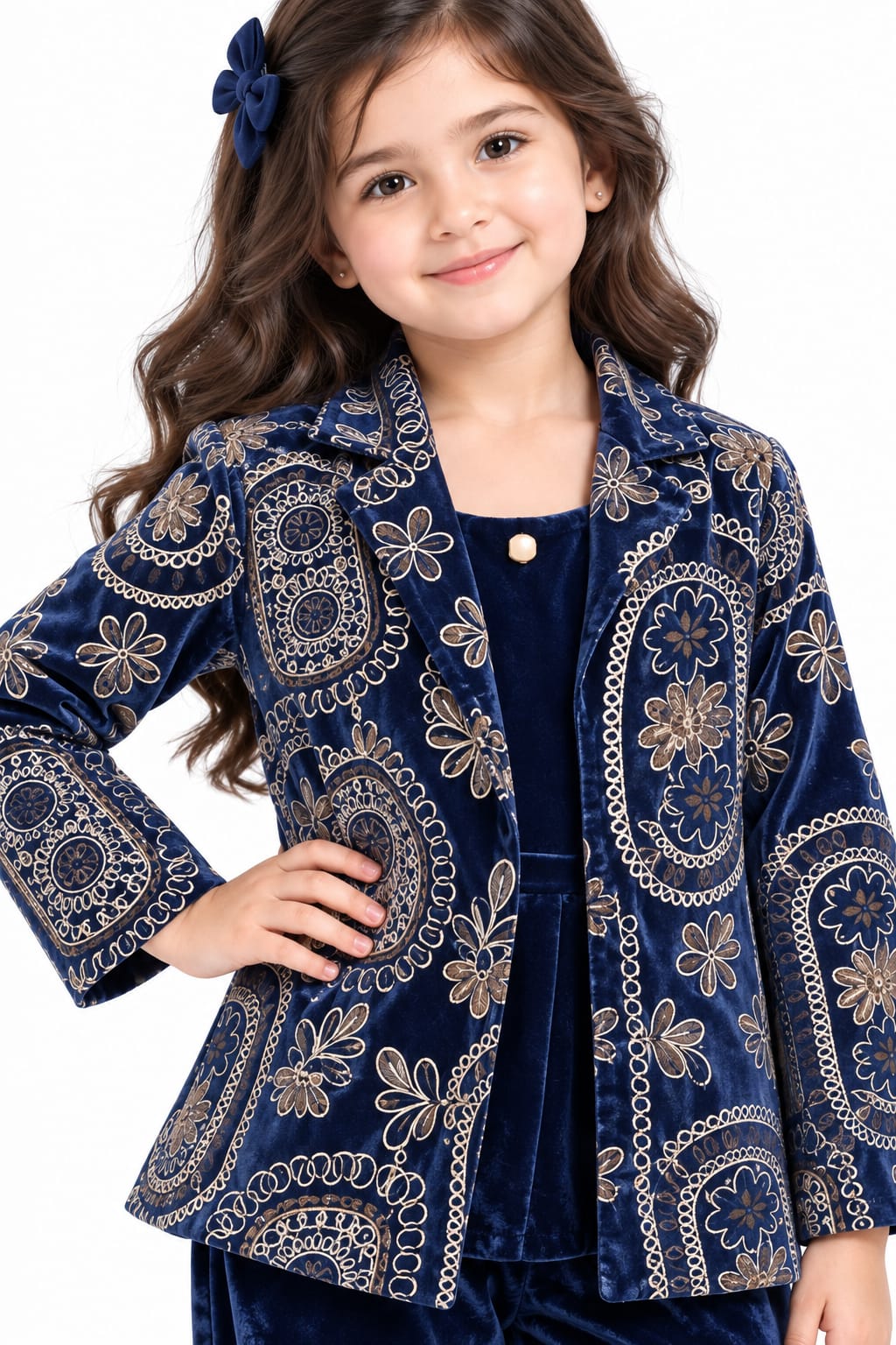 Girls' Navy Blue Velvet Printed 3-Piece Indo-Western Blazer & Palazzo Set.