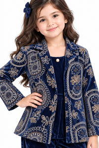 Girls' Navy Blue Velvet Printed 3-Piece Indo-Western Blazer & Palazzo Set.