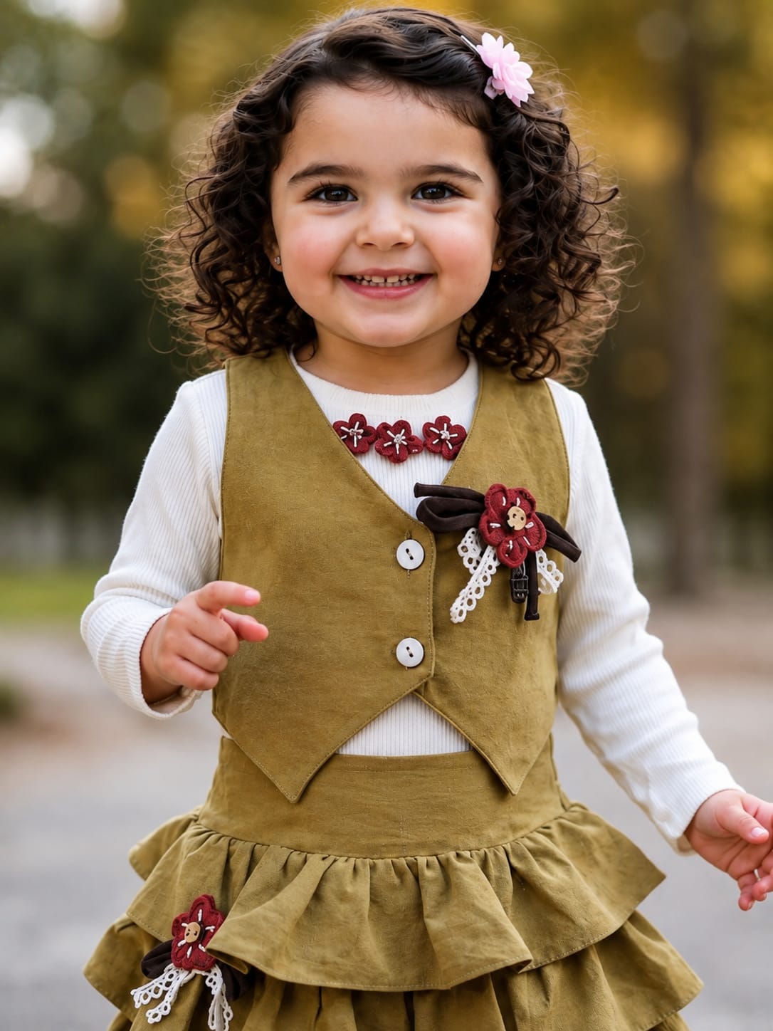 Girls' Olive Green 3-Piece Pre-Winter Vest & Tiered Skirt Set.