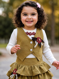 Girls' Olive Green 3-Piece Pre-Winter Vest & Tiered Skirt Set.