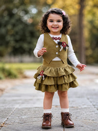 Girls' Olive Green 3-Piece Pre-Winter Vest & Tiered Skirt Set.