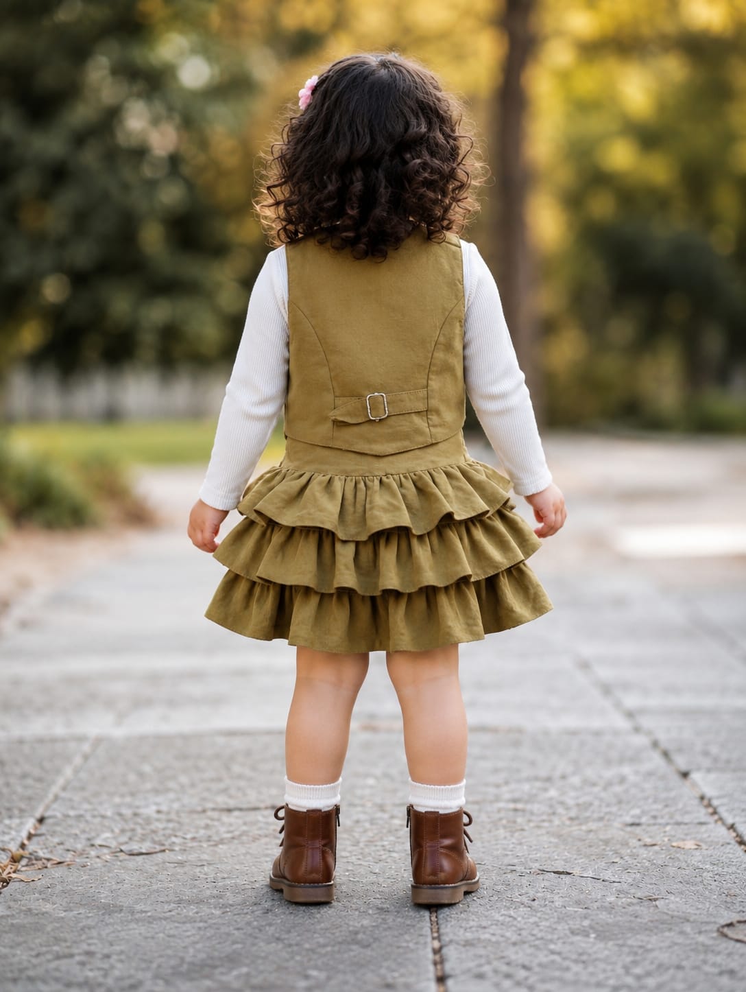 Girls' Olive Green 3-Piece Pre-Winter Vest & Tiered Skirt Set.