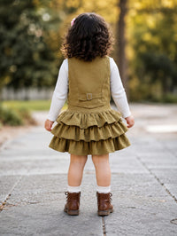 Girls' Olive Green 3-Piece Pre-Winter Vest & Tiered Skirt Set.