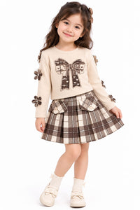 Girls' Beige & Brown Plaid Pre-Winter Skirt Co-ord Set.