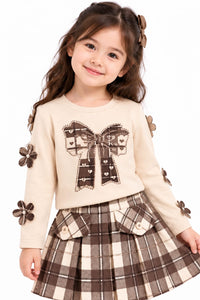 Girls' Beige & Brown Plaid Pre-Winter Skirt Co-ord Set.