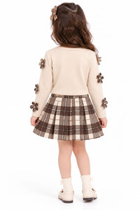 Girls' Beige & Brown Plaid Pre-Winter Skirt Co-ord Set.