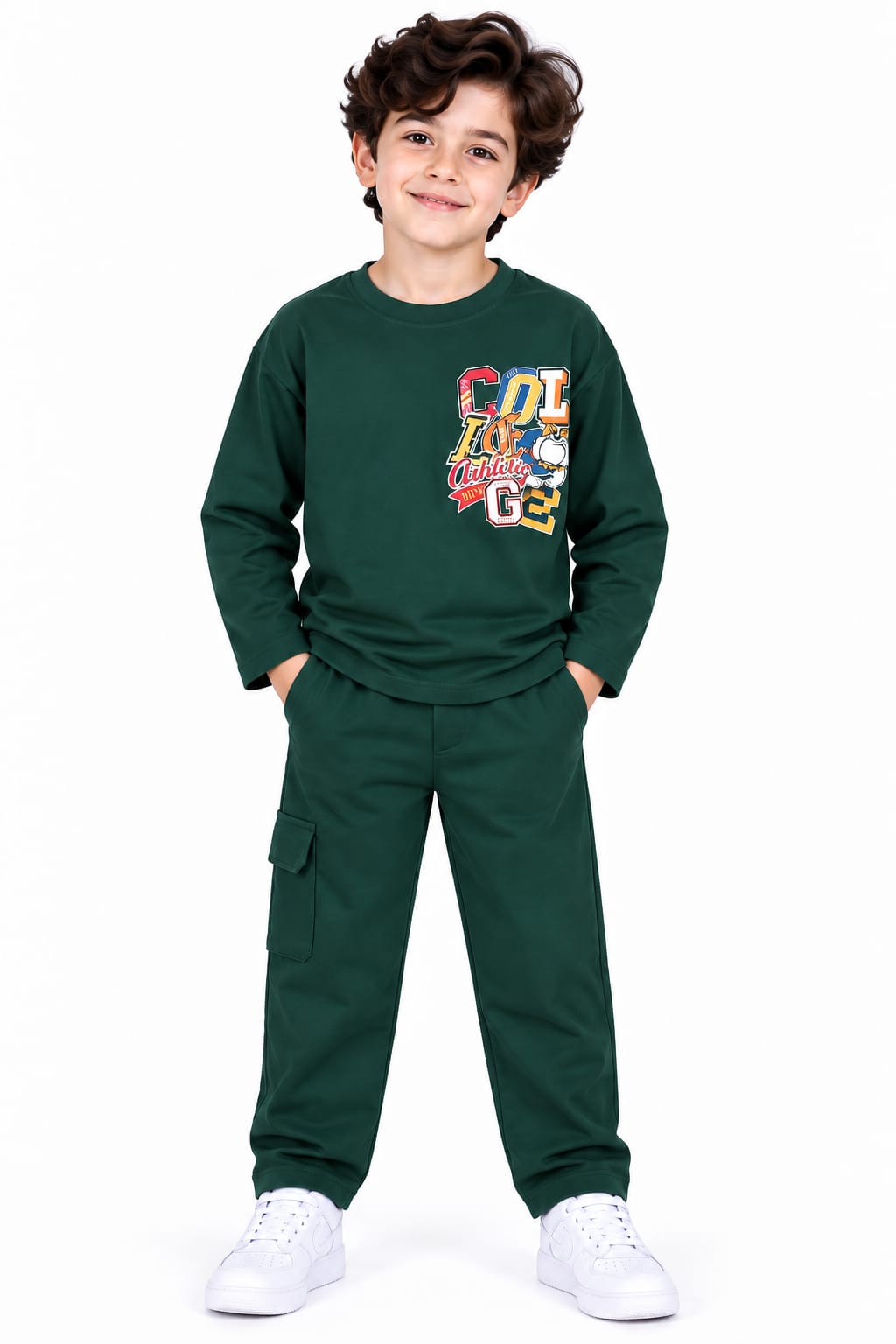 Boys' Dark Green "College Athletic" Pre-Winter Cargo Co-ord Set.