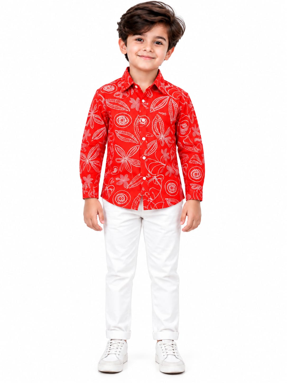 Boys' Bright Red Kantha-Style Printed Casual Shirt.