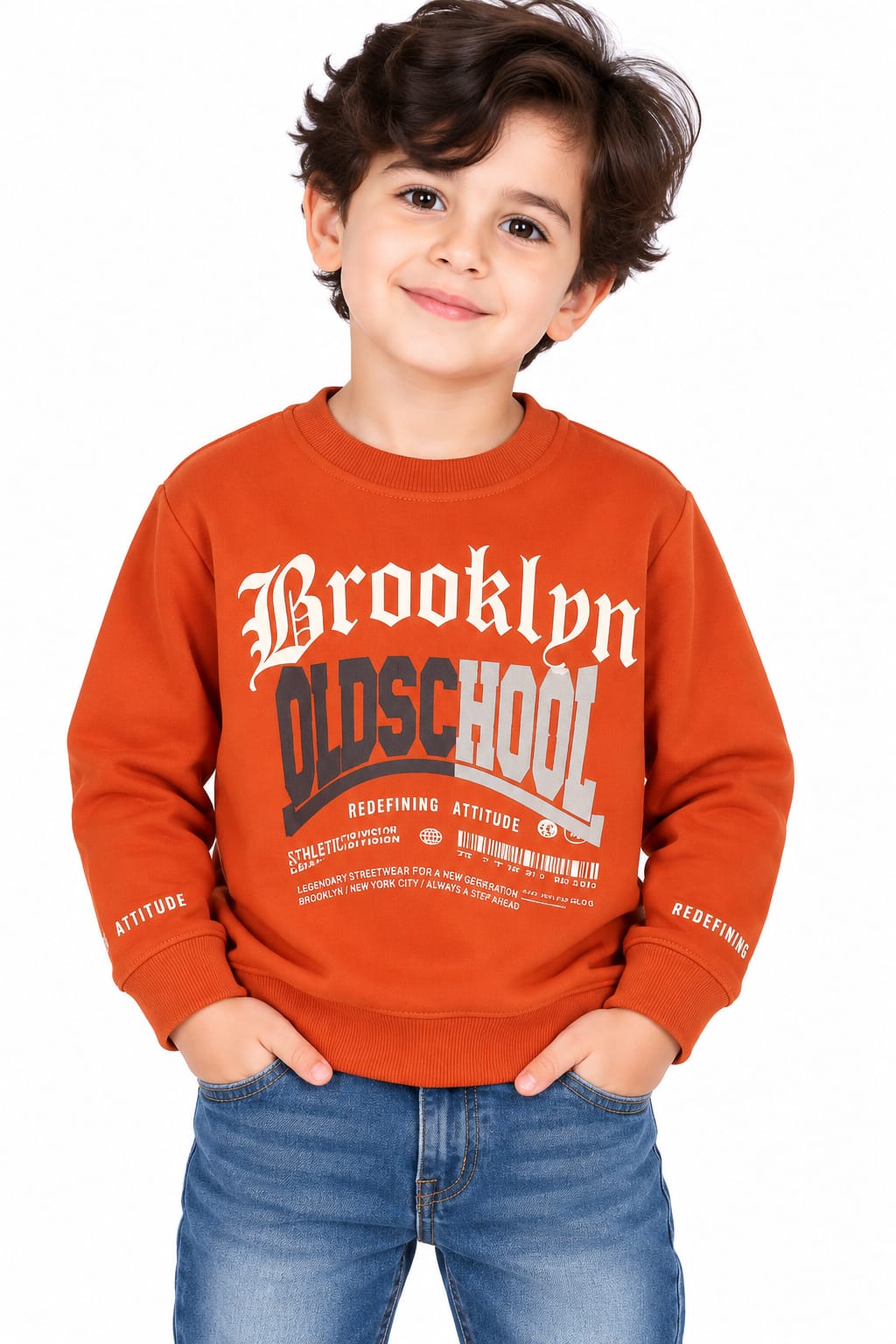 Boys' Rust Orange "Brooklyn Old School" Pre-Winter Sweatshirt.