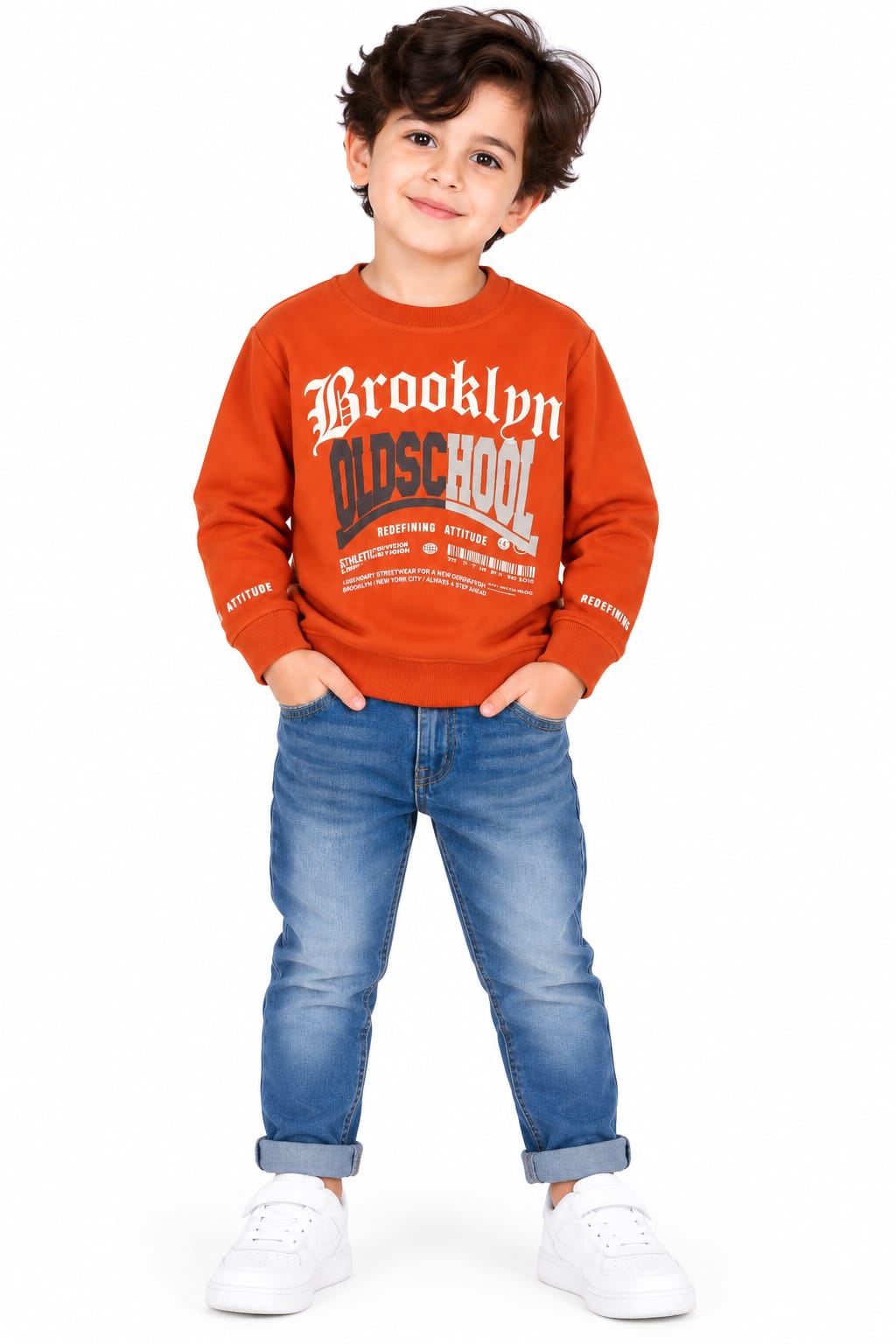 Boys' Rust Orange "Brooklyn Old School" Pre-Winter Sweatshirt.